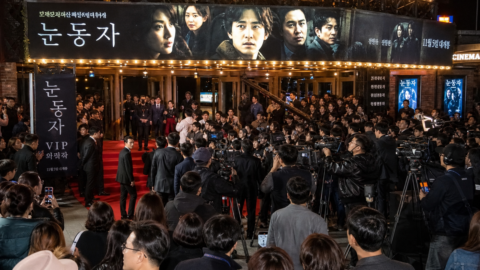 붐비는 영화관 입구와 미디어 취재 현장