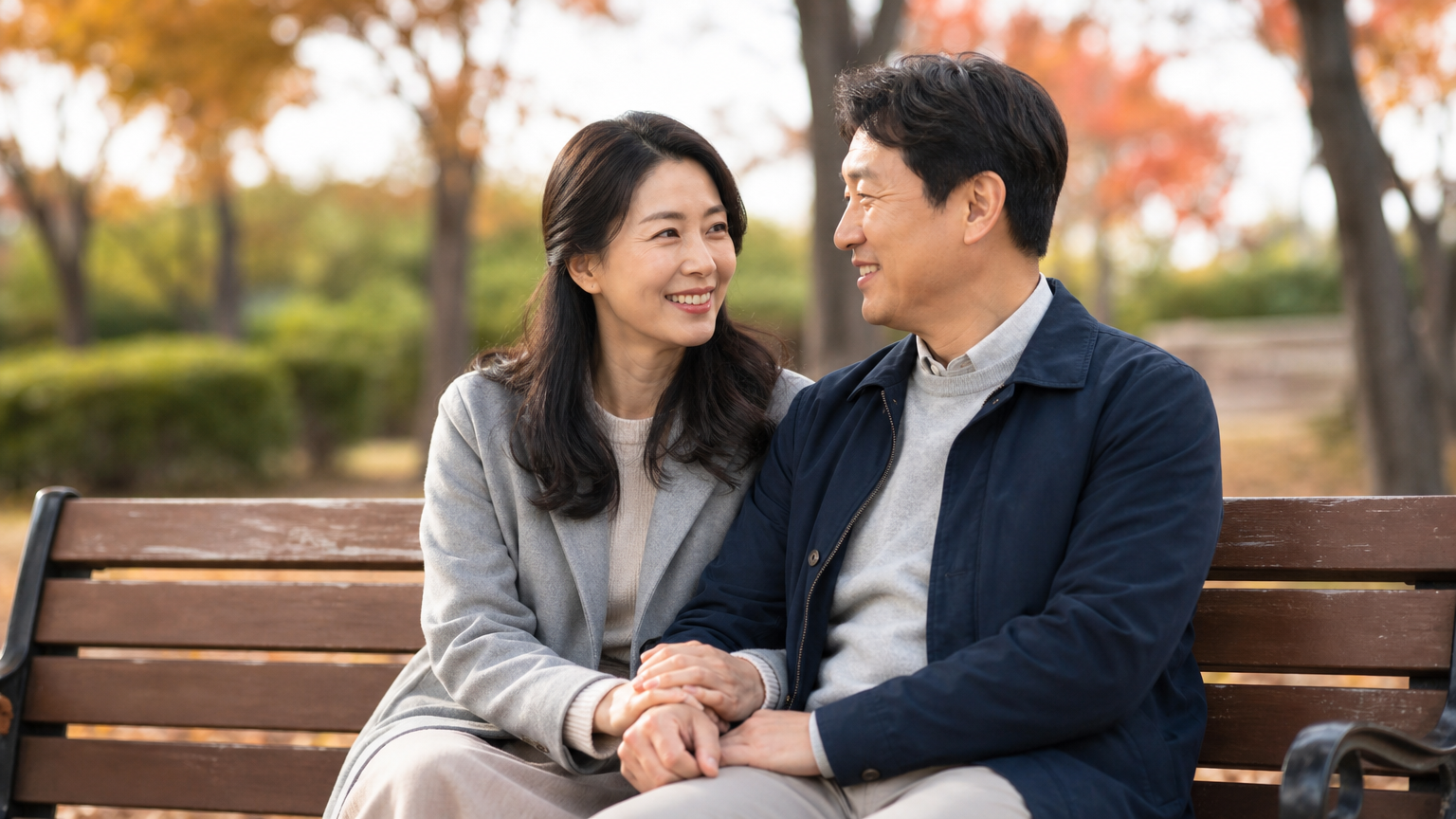 공원에서 손을 잡고 함께 걸으며 지난 시간을 회상하는 사랑스러운 커플의 모습