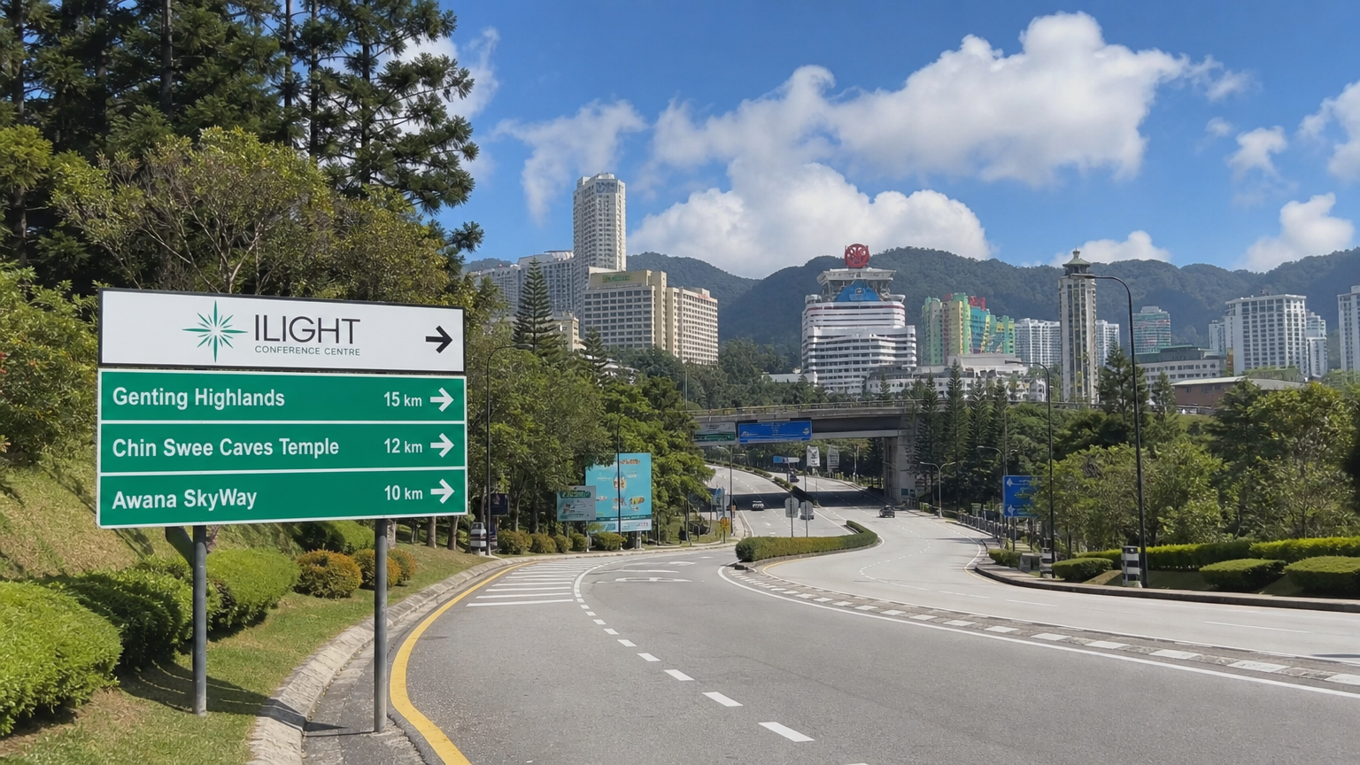명확한 표지판과 함께 일라이트CC로 이어지는 도로와 주변 관광 명소들