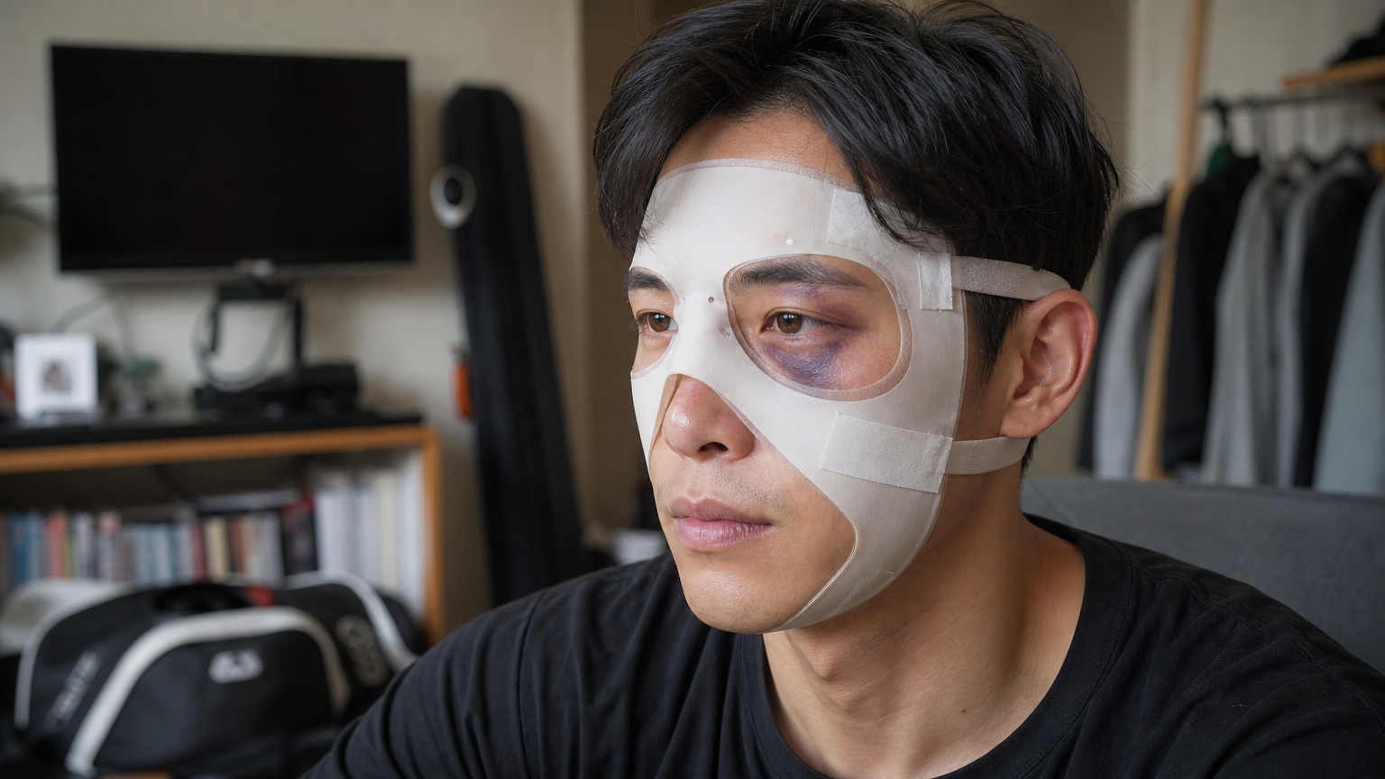 보호 마스크를 착용하고 집에서 회복 중인 한국 운동선수의 모습