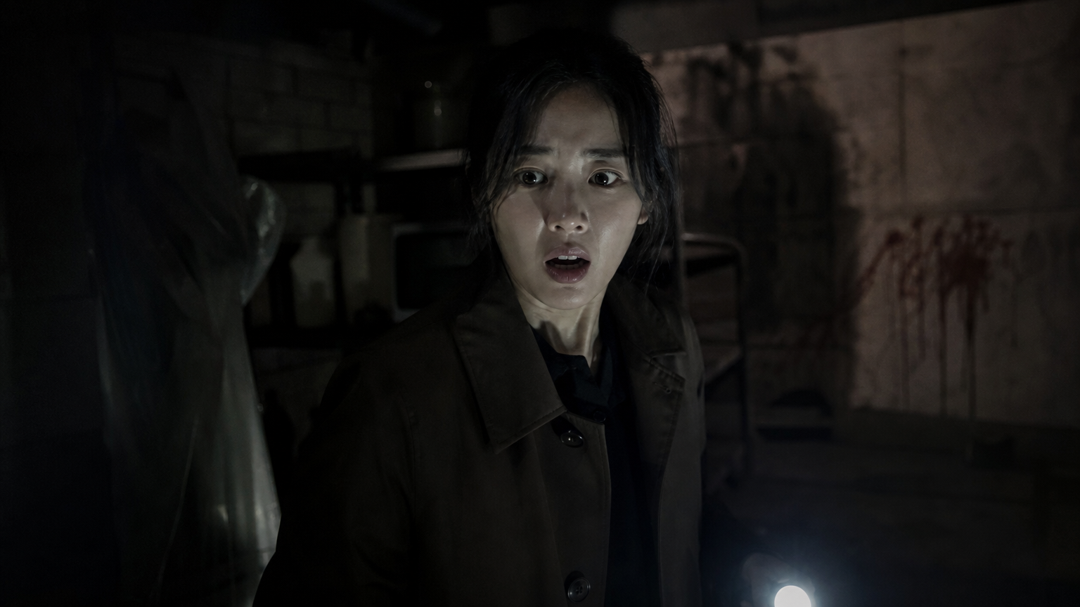 어두운 지하실에서 범죄 현장을 발견하고 충격받은 여성