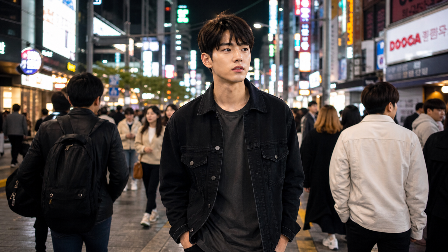 서울 거리에서 당당하게 걷는 젊은 배우의 모습