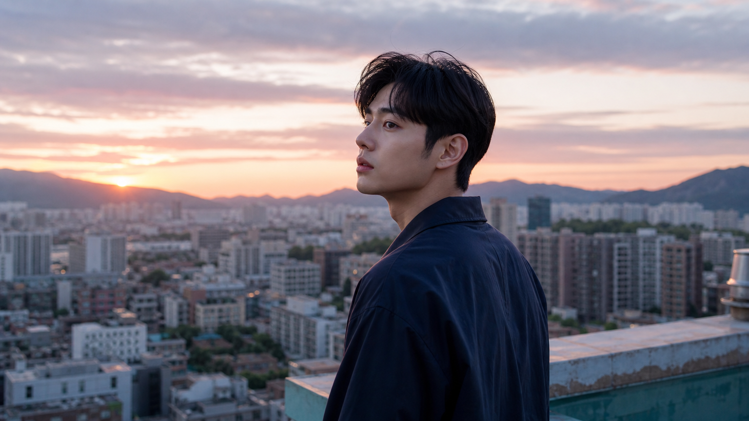 노을 속 도시 풍경을 바라보며 새로운 시작을 다짐하는 젊은 배우