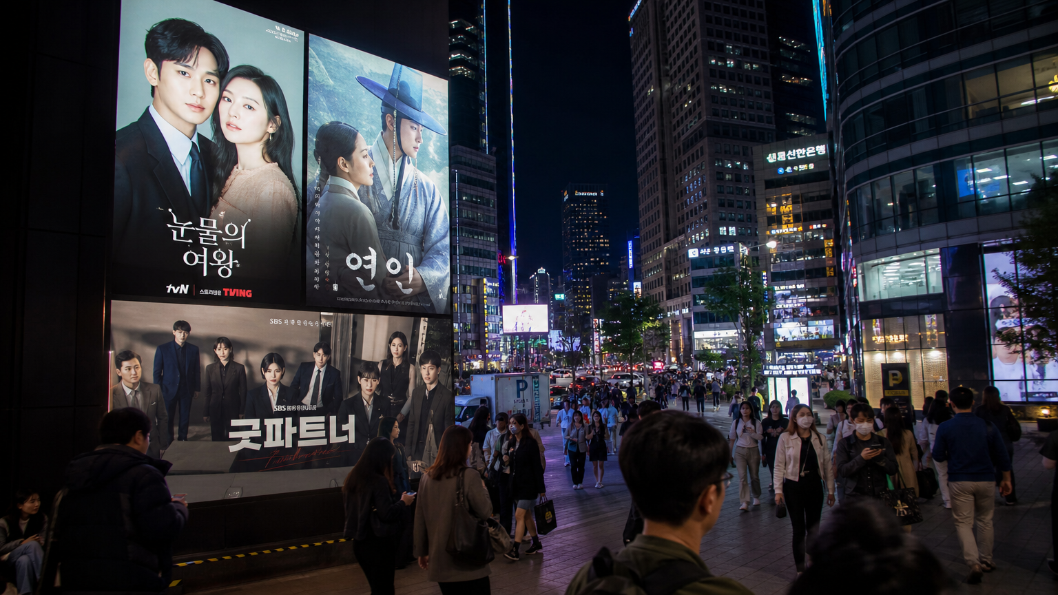 서울의 야경 속 네온사인이 반짝이는 거리와 인기 드라마 광고판