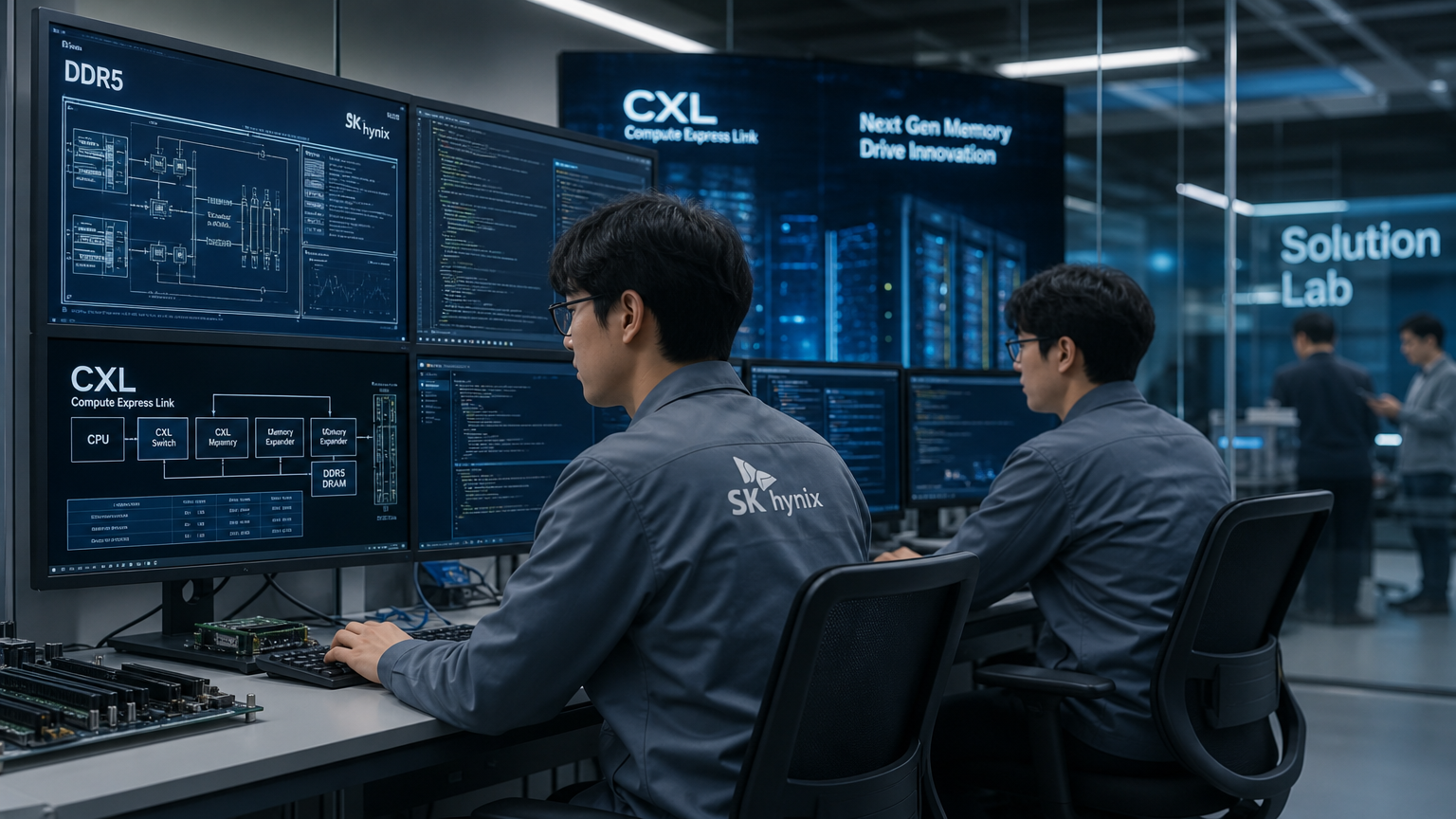 한국 엔지니어들이 DDR5와 CXL 기술을 개발 중인 미래적인 연구실