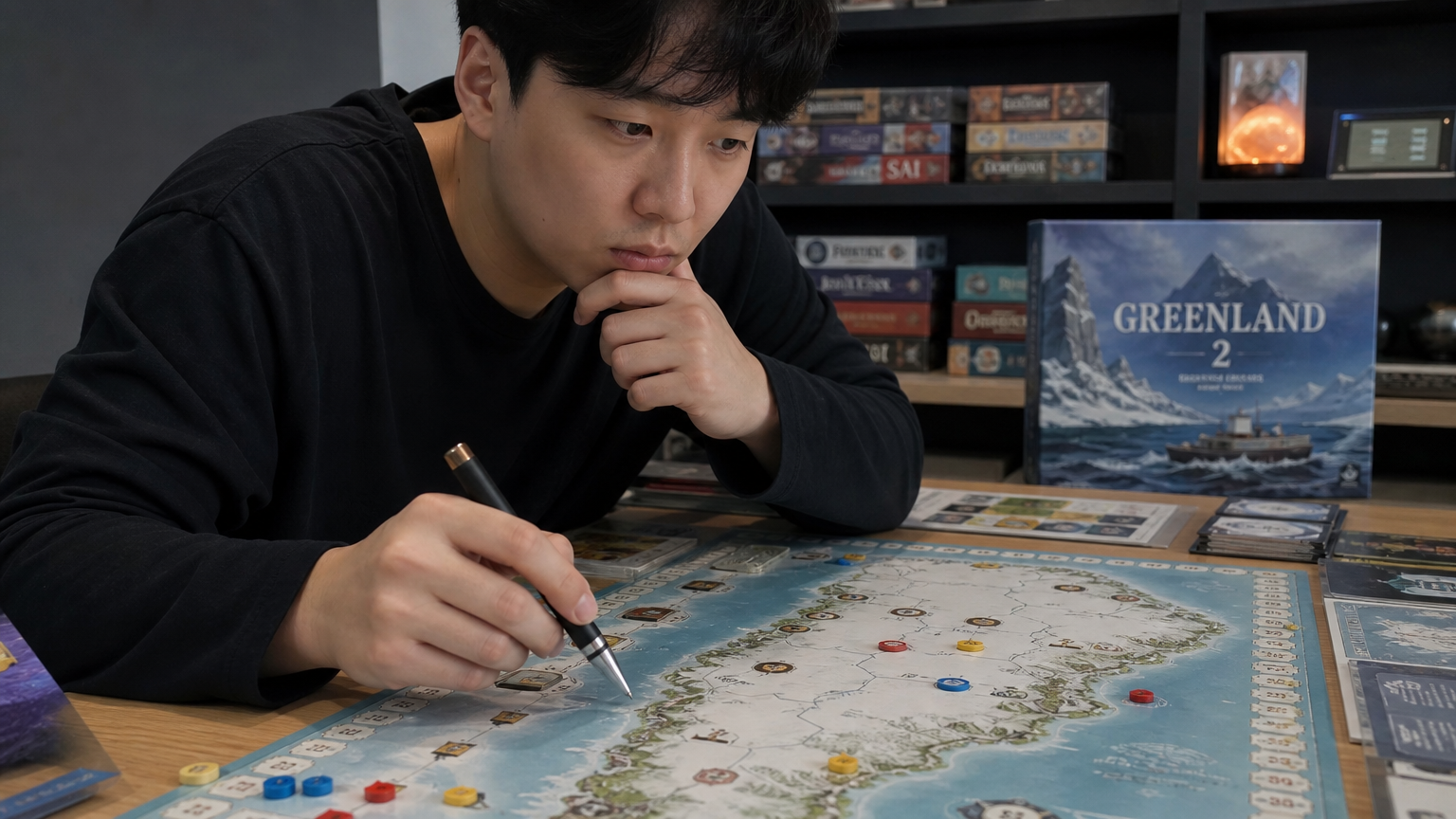 지도 위에서 정착지를 분석하며 전략을 구상하는 한국인 플레이어의 모습