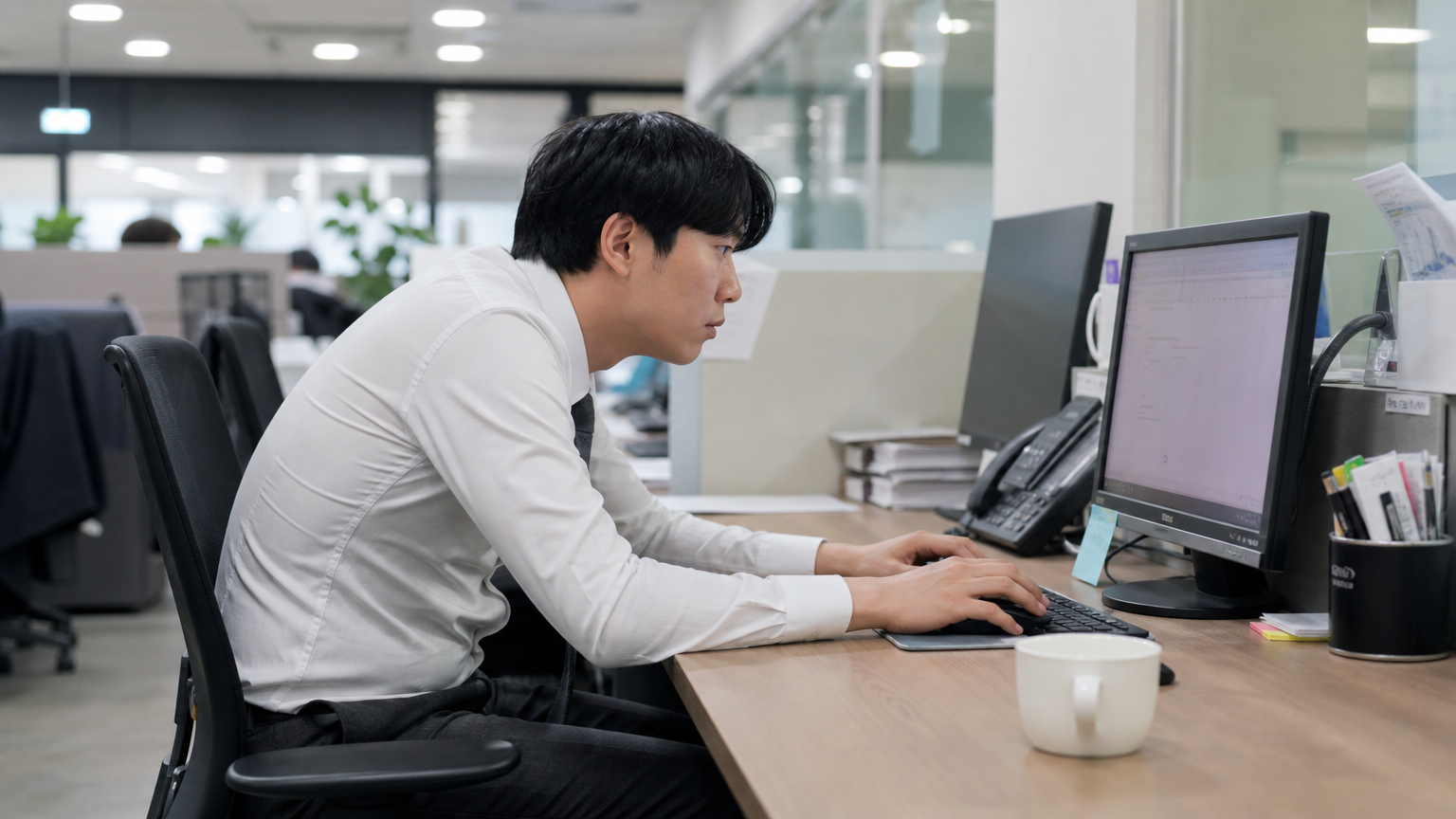 낮은 모니터 앞에서 어깨가 굽은 채 앉아있는 사무직 근로자의 모습