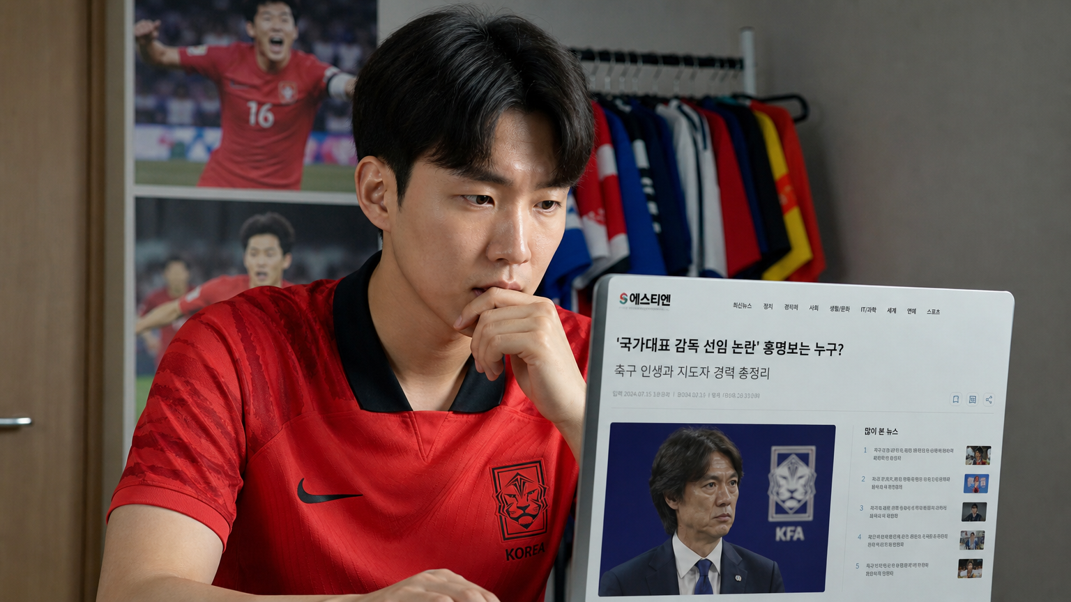 현대적인 축구 팬이 노트북으로 홍명보 관련 기사를 읽는 모습