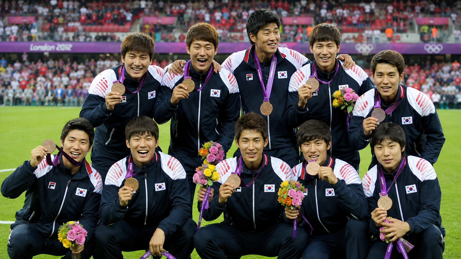 런던 올림픽에서 동메달을 딴 후 메달을 목에 건 채 환호하는 한국 축구팀