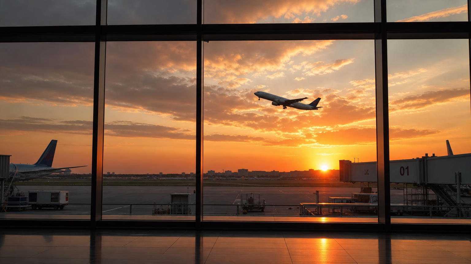 공항 터미널 창문 너머로 보이는 일몰 속 비행기의 출발 장면