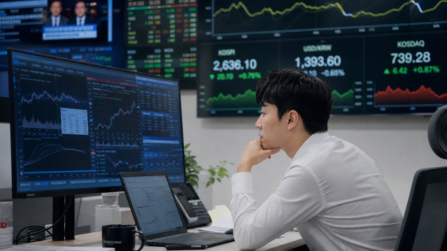 사무실에서 디지털 화면을 통해 주식 데이터를 검토하는 금융 분석가의 모습