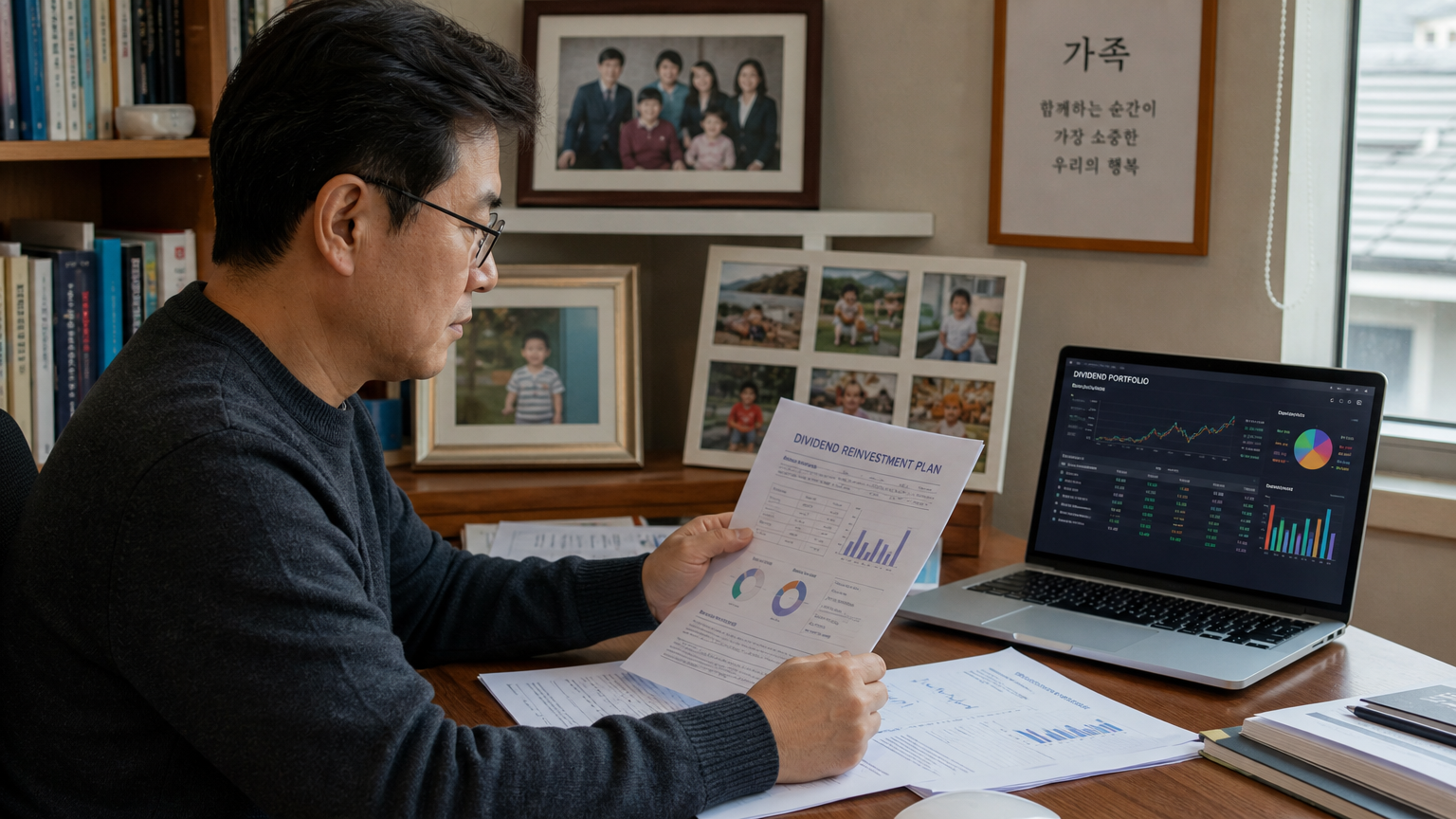 홈 오피스에서 가족 사진과 함께 배당 보고서를 분석하는 투자자의 모습