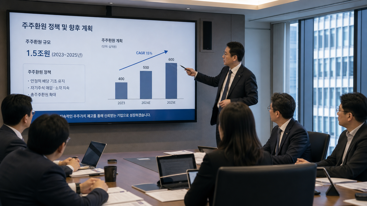 회의실에서 주주 환원율 관련 수치를 논의하는 비즈니스 전문가들