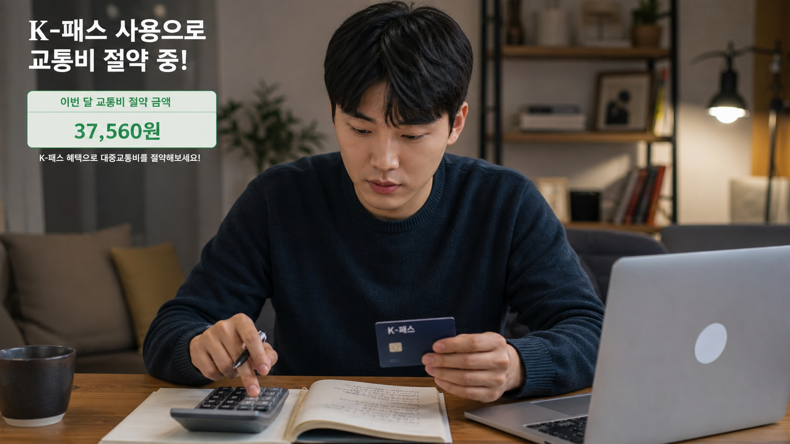 집무실에서 계산기와 K패스를 사용하며 절약 금액을 계산하는 젊은 직장인의 집중된 모습