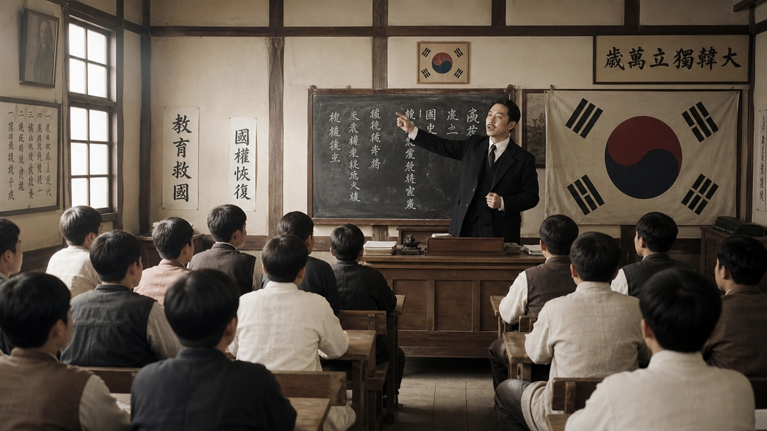 애국심과 독립정신을 배우는 젊은 학생들과 열정적인 교사의 모습