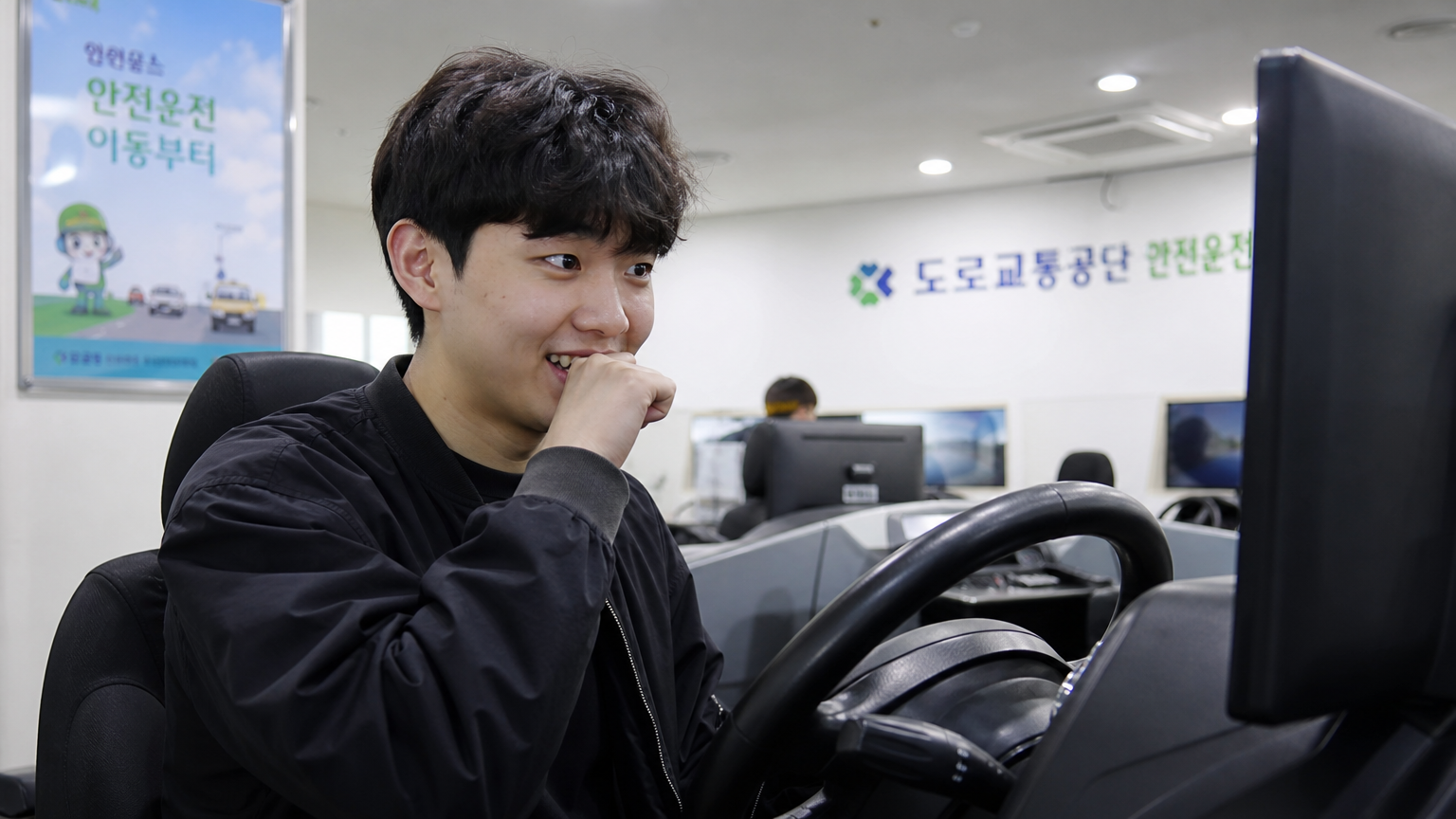 한국의 젊은 성인이 운전 학교에서 첫 운전을 배우며 느끼는 설렘과 긴장