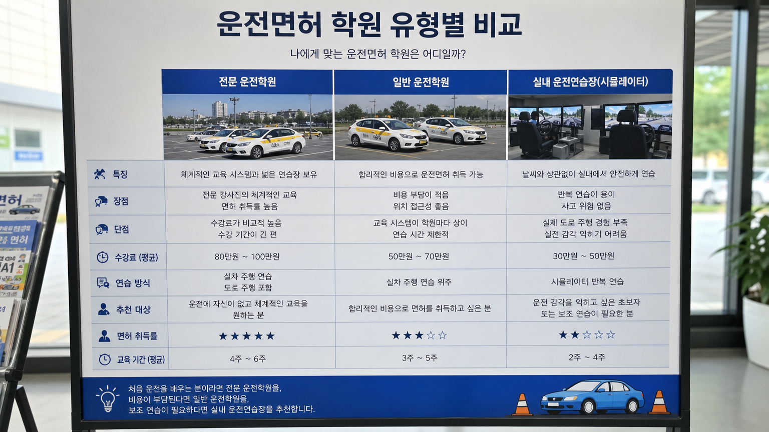 한국의 다양한 종류의 운전 학원의 주요 특징을 비교 분석하는 보드