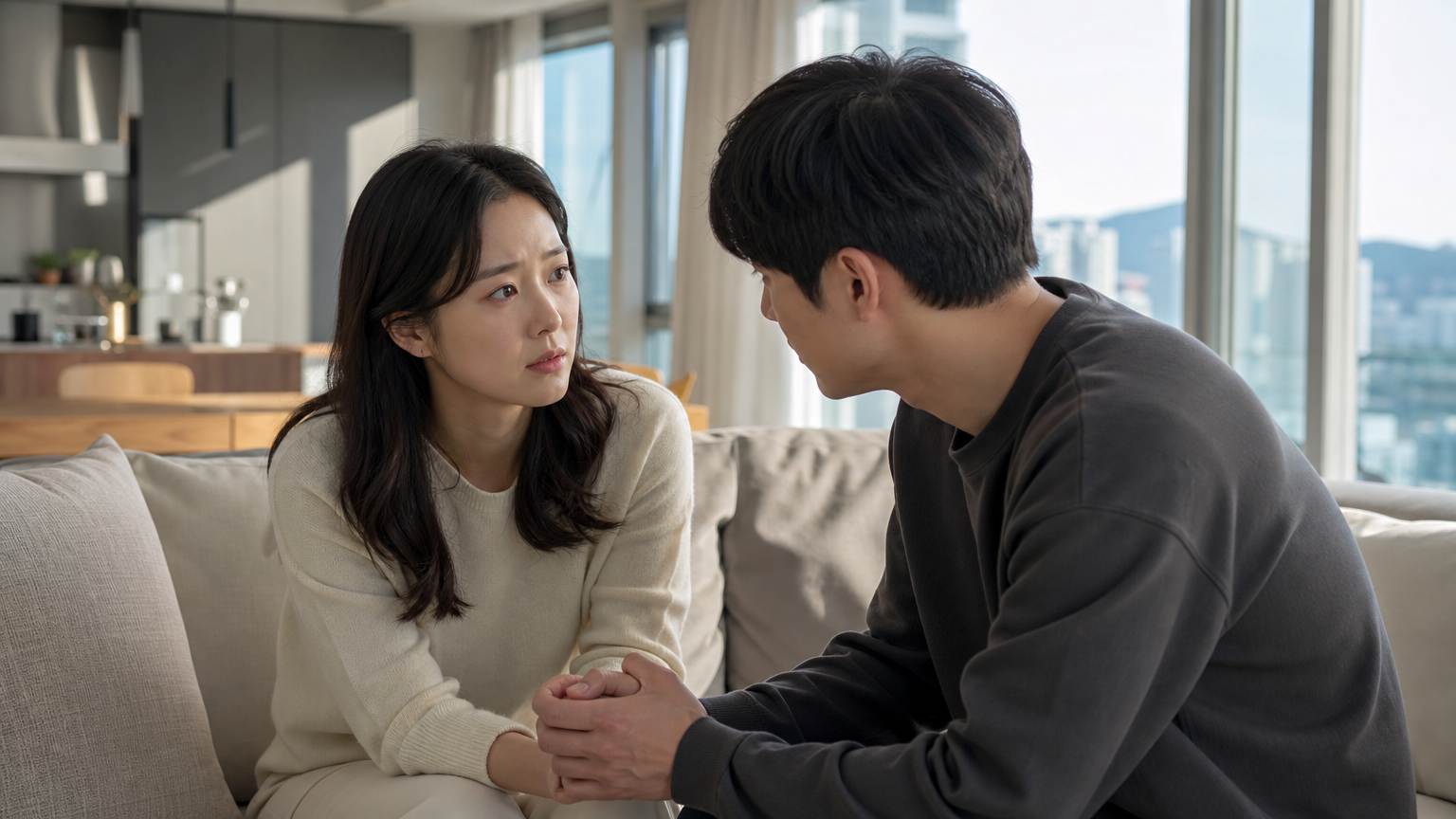현대적인 아파트 거실에서 감정적으로 대화하는 커플의 모습