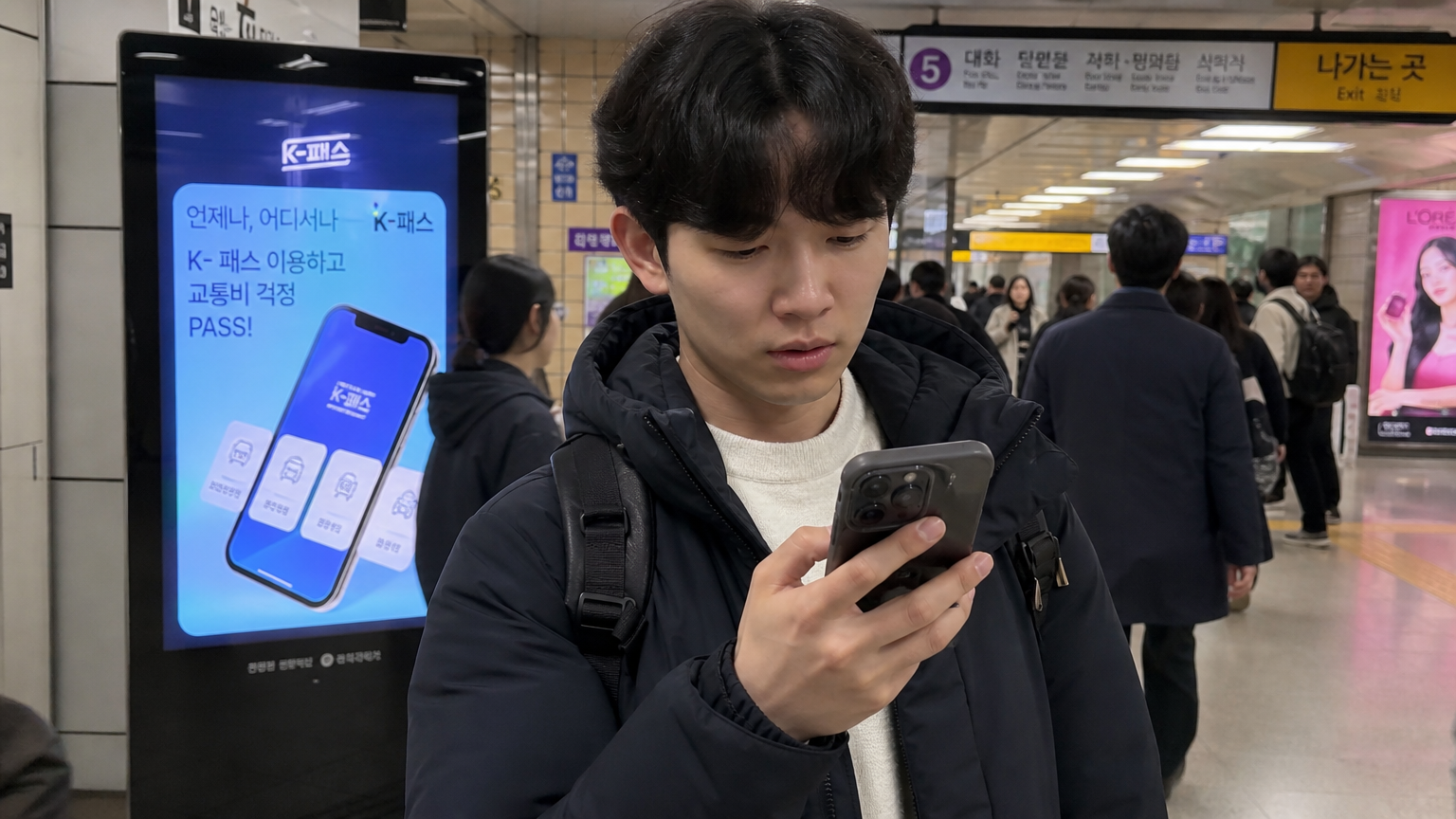 붐비는 지하철역에서 스마트폰으로 K-패스 앱을 확인하는 젊은 승객