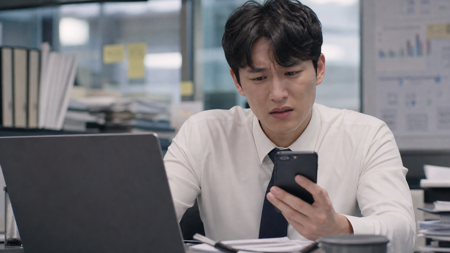 책상에서 은행 명세서를 컴퓨터와 휴대폰으로 확인하며 고민하는 직장인의 모습