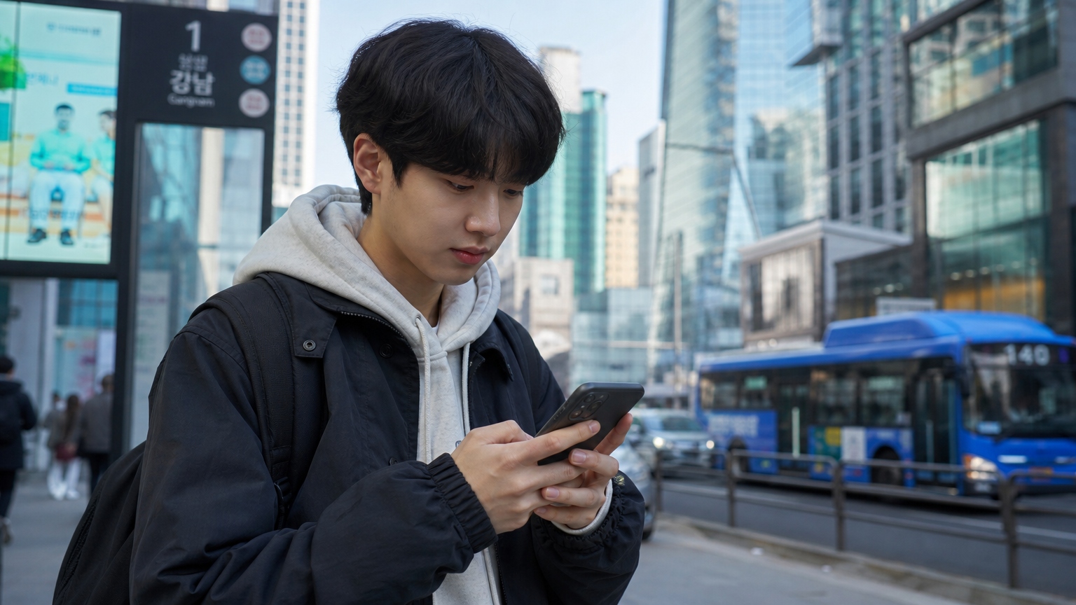 도시 거리에서 스마트폰 앱으로 K-패스를 관리하는 청소년의 모습과 현대적인 건축물 배경