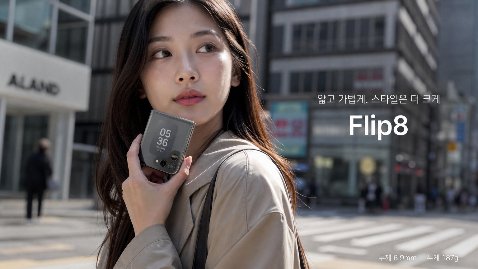 세련된 도시 환경에서 얇고 가벼운 디자인의 플립8을 보여주며 현대적인 패션과 함께 강조
