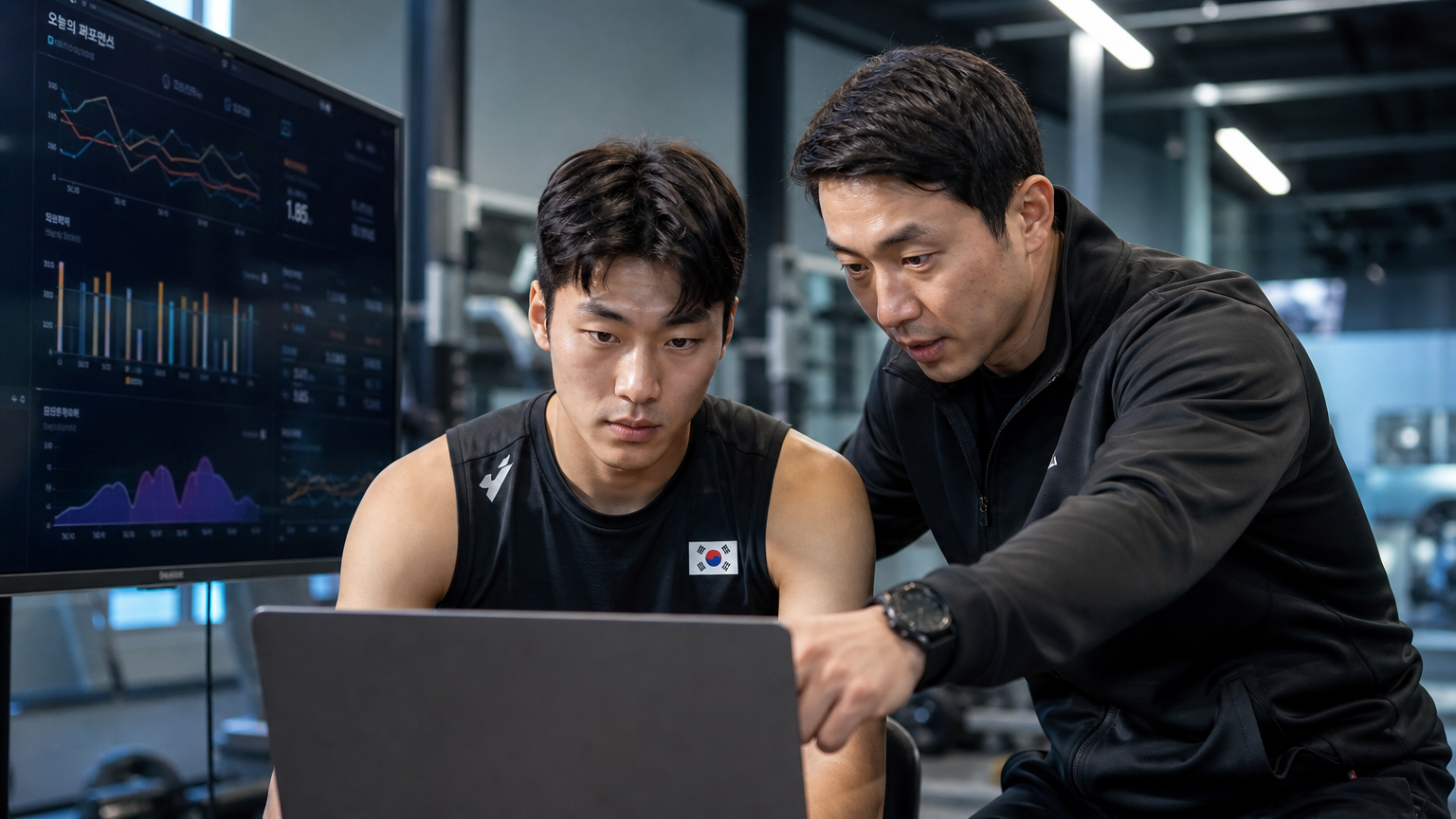 첨단 훈련 시설에서 코치와 함께 노트북으로 경기 데이터를 분석하는 한국 운동선수 모습