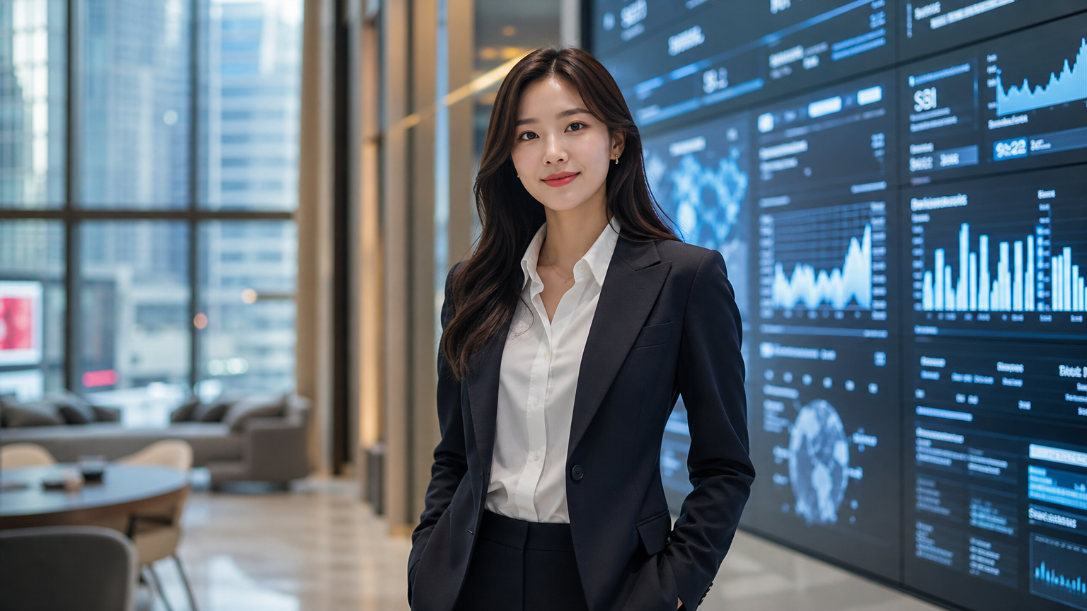 현대식 사무실에서 디지털 화면을 배경으로 자신감 넘치는 한국 여성