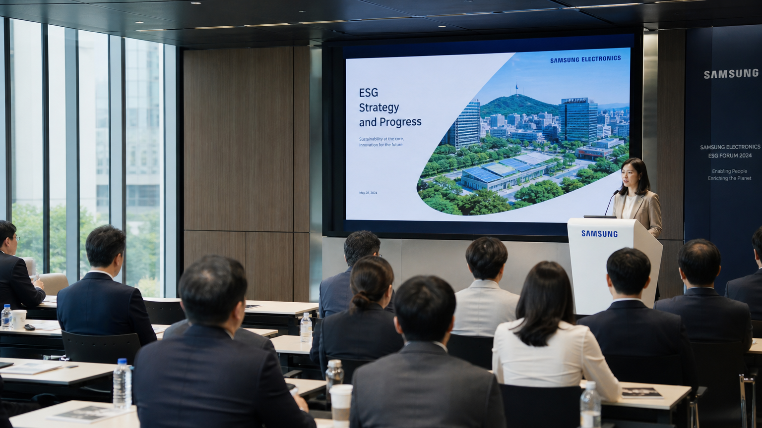 서울에 위치한 삼성전자 본사에서 ESG 전략 및 지속 가능성 목표에 대한 발표