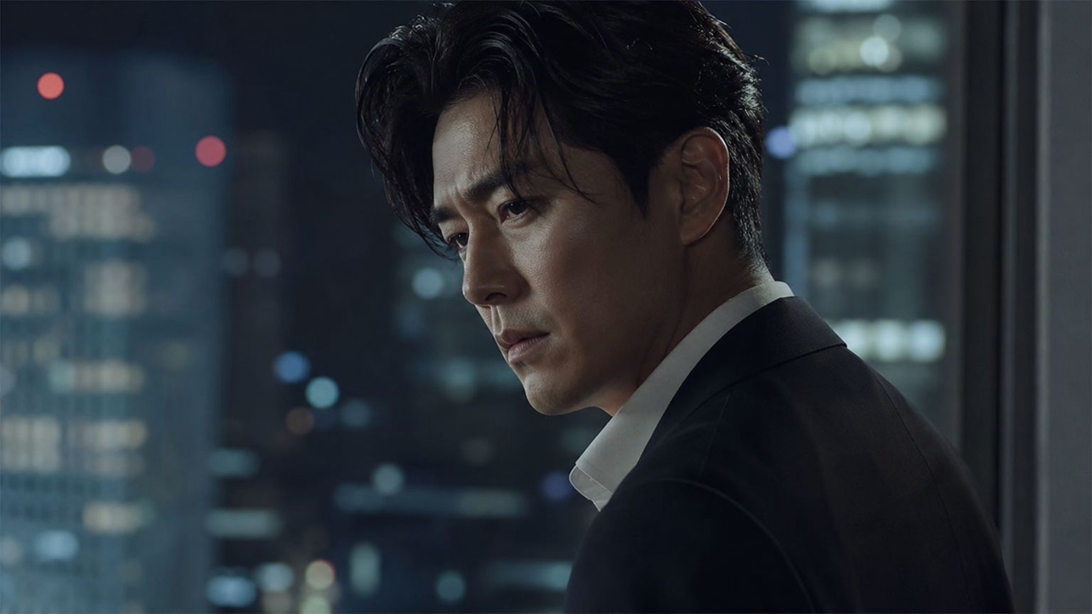 현대 도시 풍경 속에서 진지한 표정의 배우