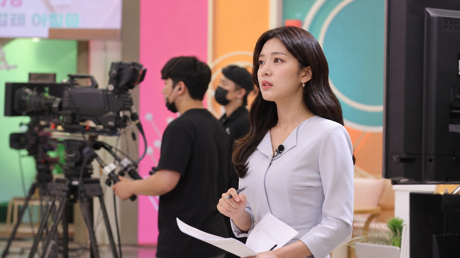 활기찬 방송 세트장에서 카메라와 스태프들 사이에 있는 여성 아나운서