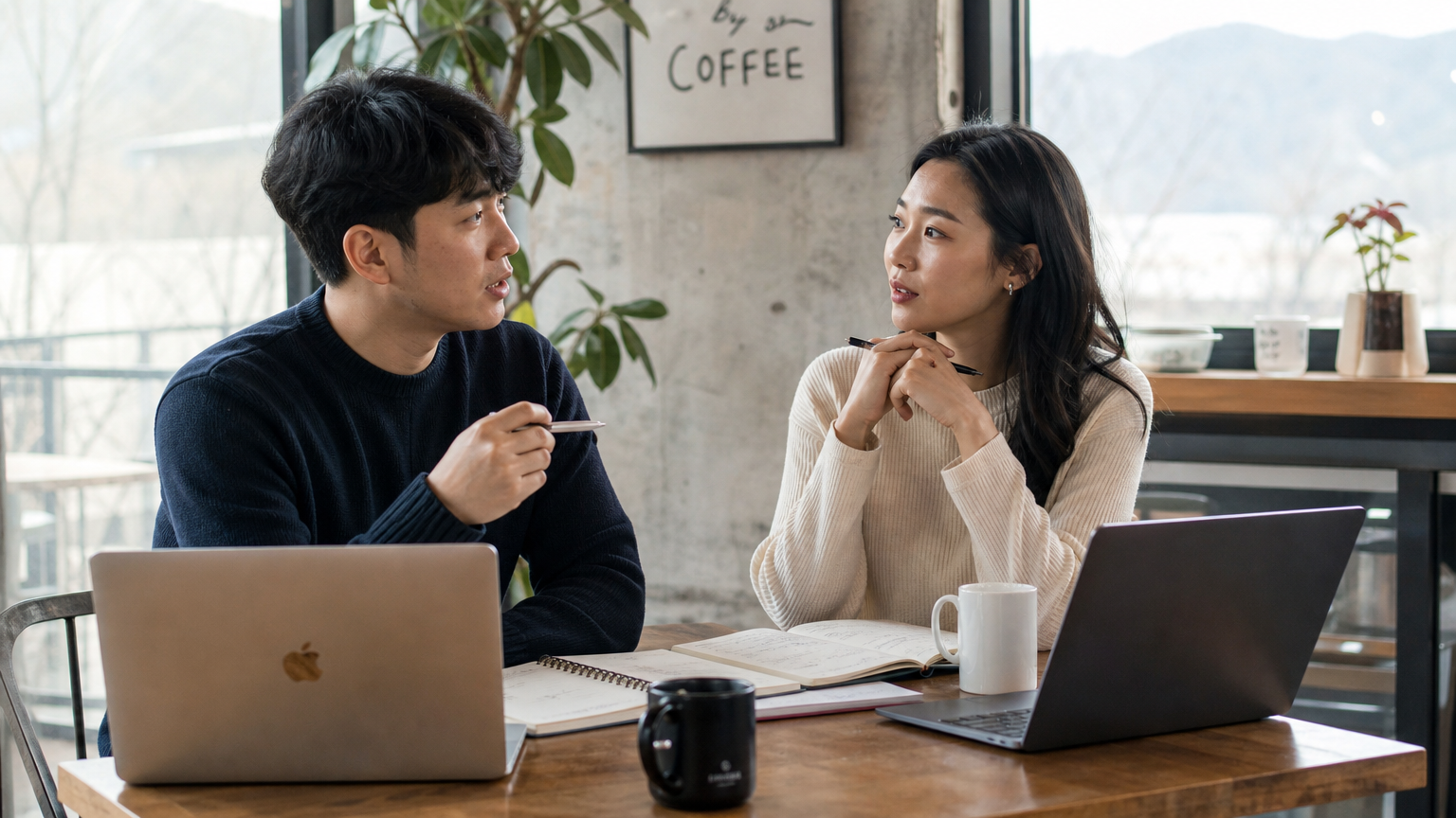 카페에서 서로의 가치관과 목표에 대해 진지하게 대화하는 커플