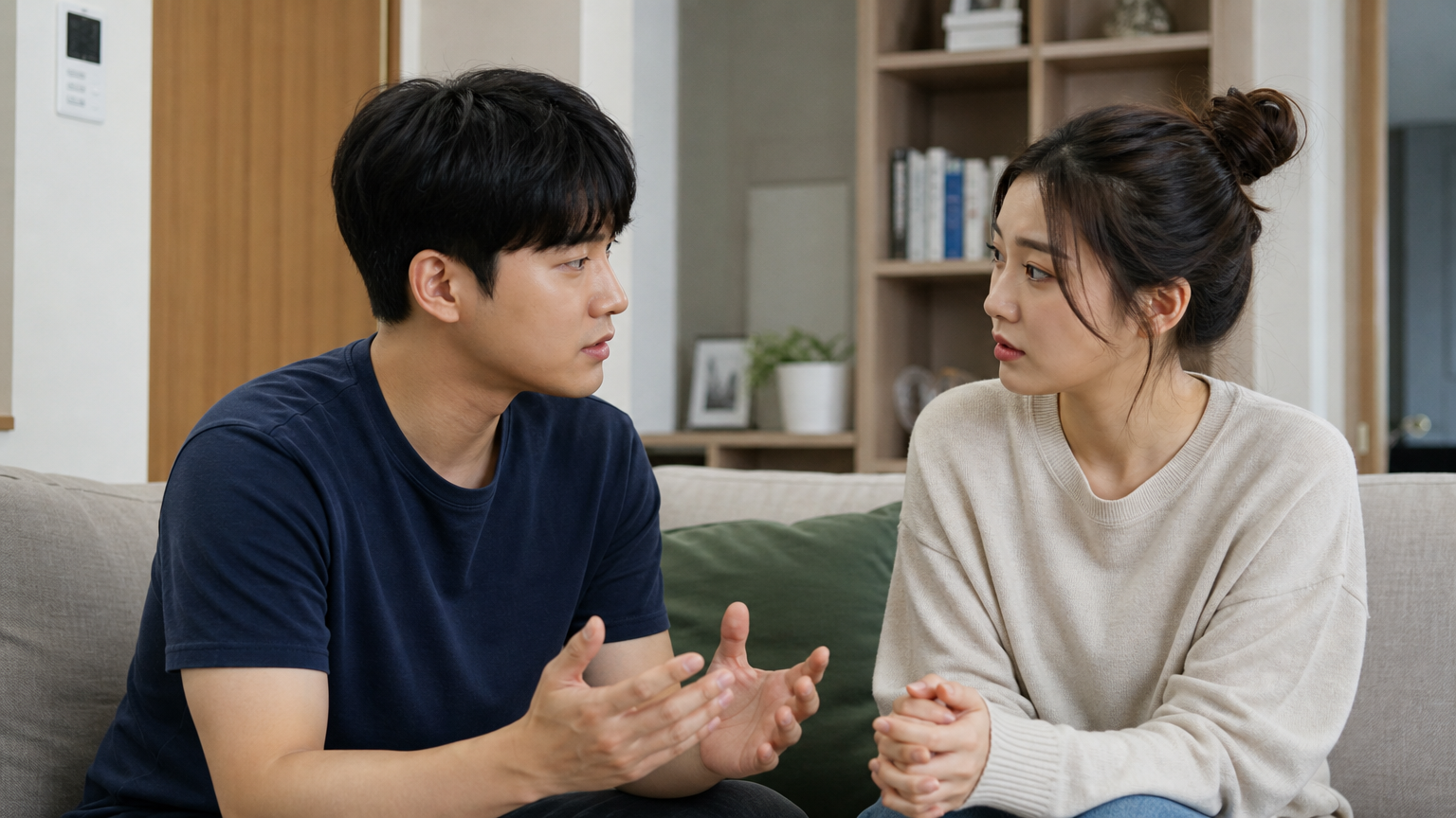 집에서 차분하게 갈등을 해결하며 소통하는 젊은 커플