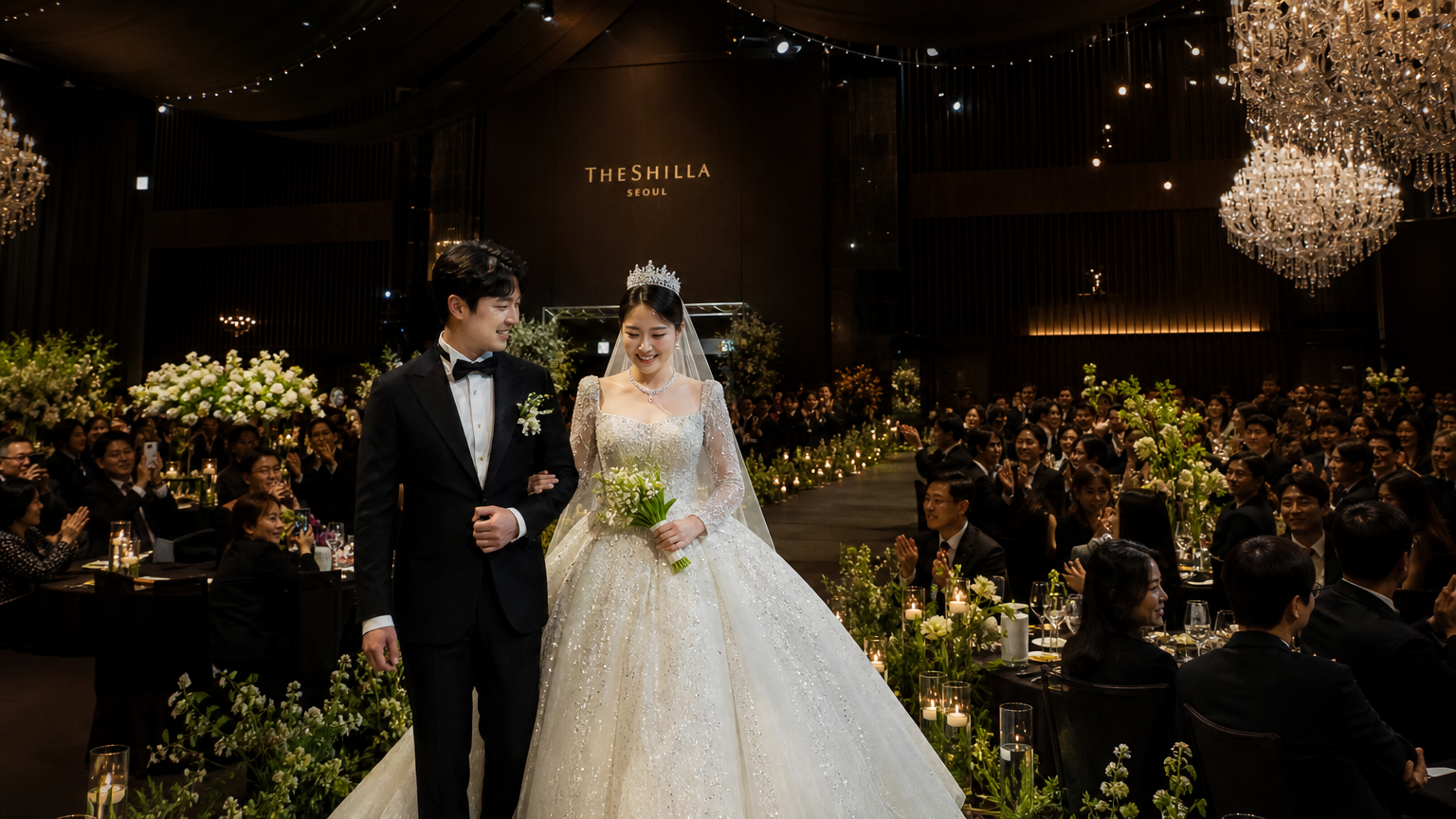 서울 신라호텔에서 수많은 스타들이 참석한 호화로운 결혼식과 웨딩드레스