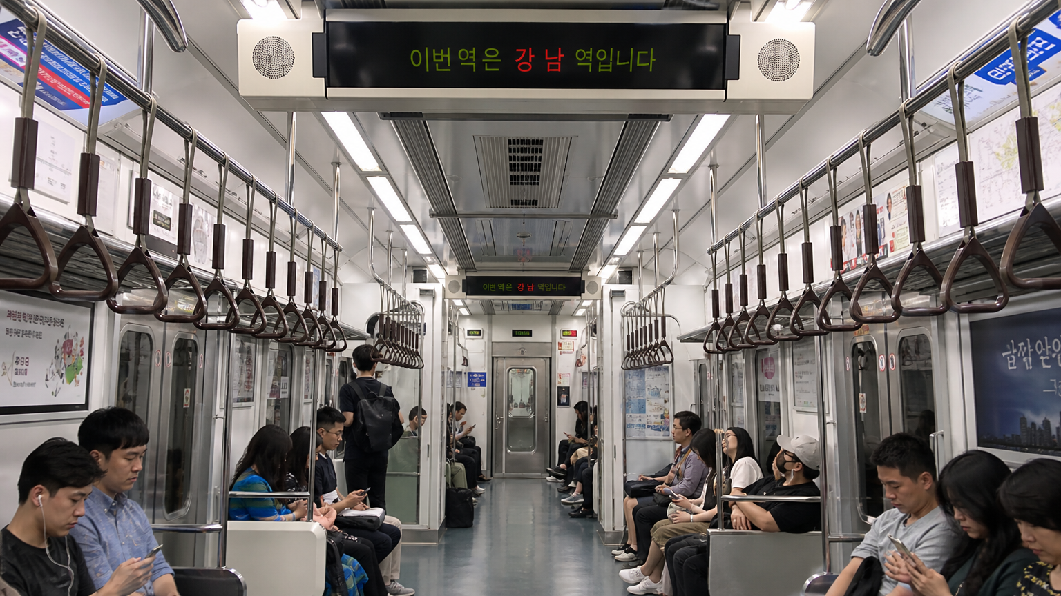 한국 지하철 내부, 안내 스피커와 디지털 화면이 있는 모습
