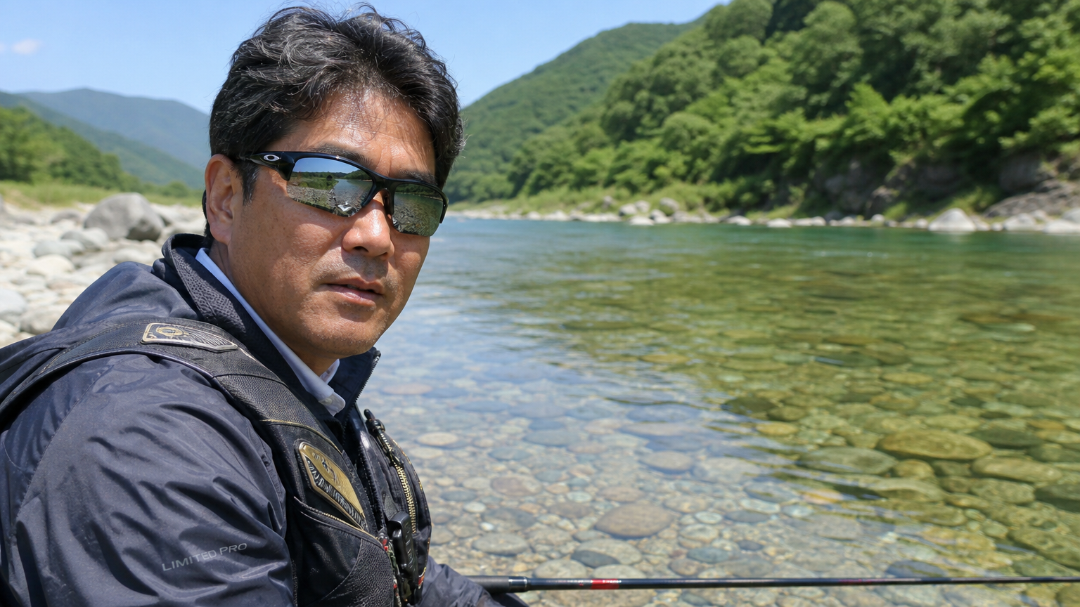 강변에서 오클리 편광 선글라스를 착용한 한국인 낚시꾼이 빛 반사 없이 맑은 물을 보는 모습