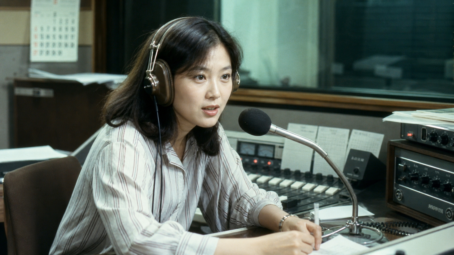1970년대 후반 녹음실에서 헤드폰을 쓰고 마이크 앞에서 연기하는 젊은 여성