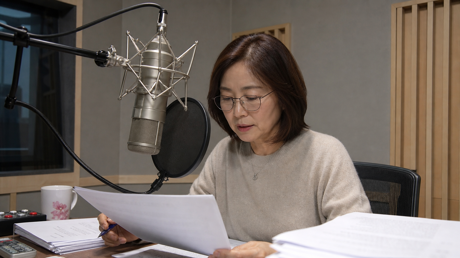 현대 사운드 부스에서 스크립트와 음향 패널로 둘러싸인 채 집중하고 있는 중년 여성 성우