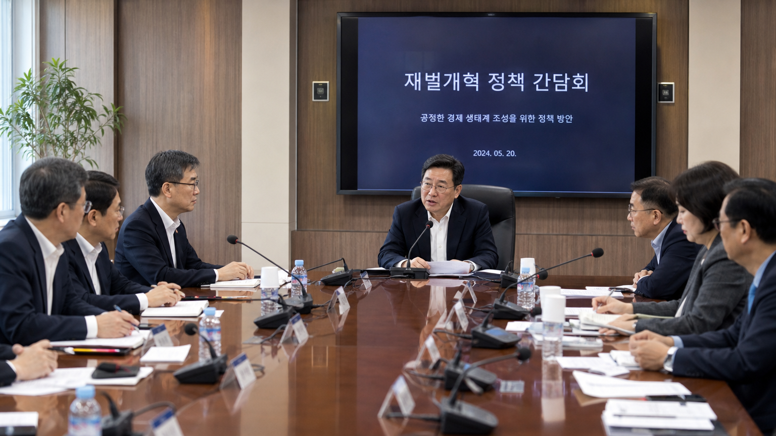 한국 대기업 이사회 회의에서 임원들이 재벌 개혁 정책을 토론하는 모습