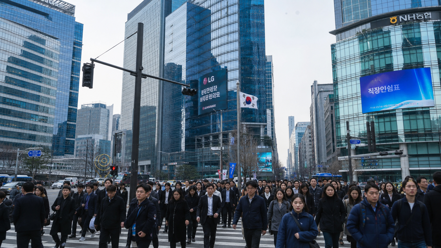 서울 금융지구에서 출퇴근 시간에 사람들이 바쁘게 이동하는 모습으로 경기 침체를 상징함