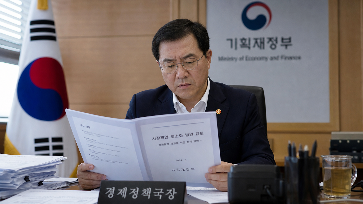 한국 정부 관계자가 사무실에서 시장 개입 최소화를 강조하는 경제 정책 문서를 검토하는 모습