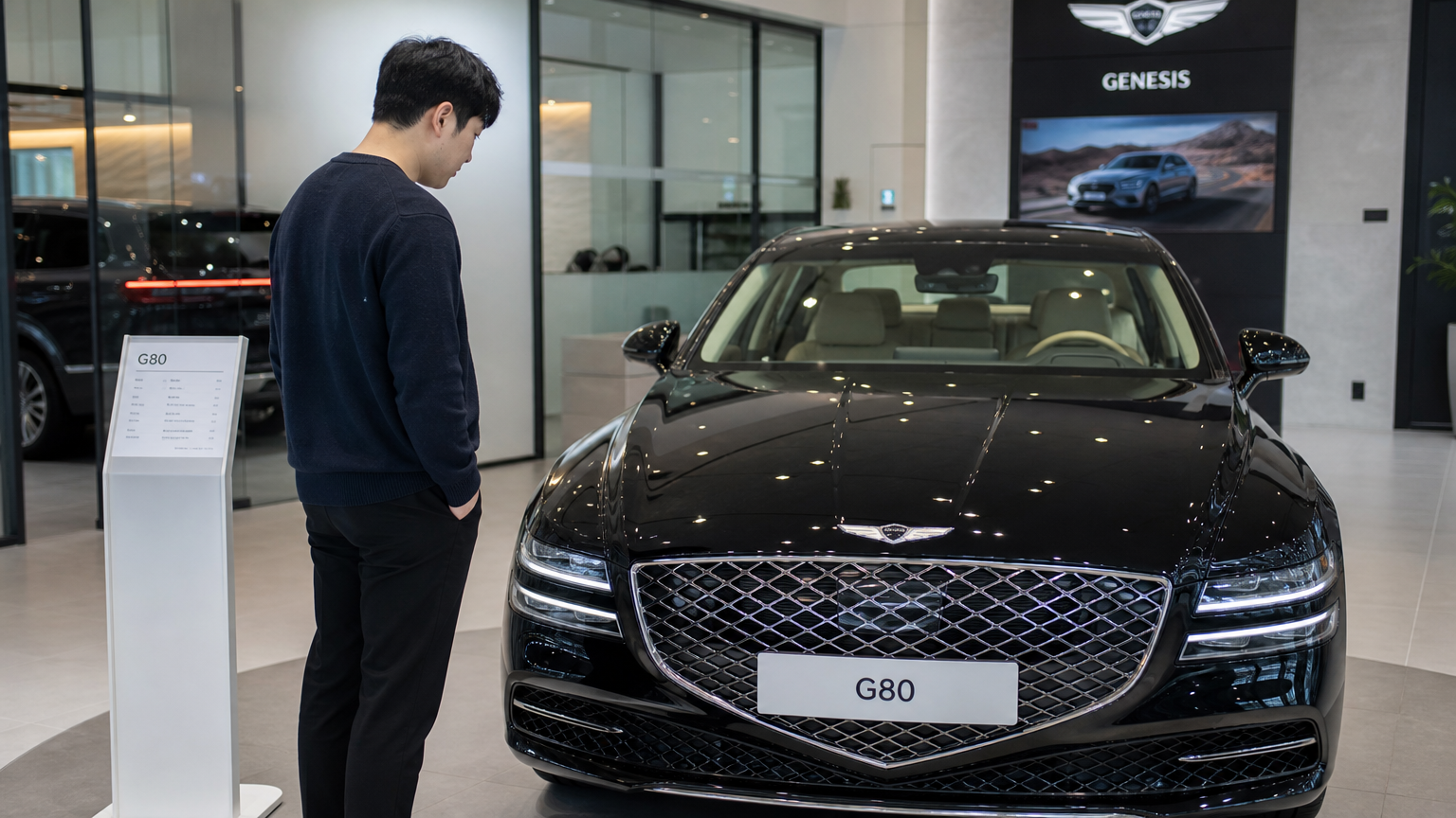 남성이 현대적이고 세련된 자동차 전시장에서 제네시스 G80을 살펴보는 모습