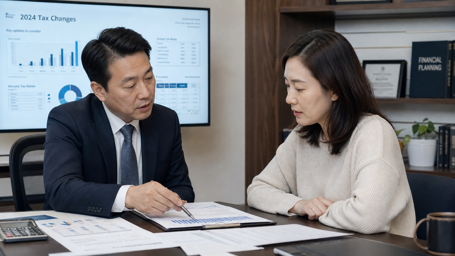 사무실에서 세금 변경에 대해 상담하고 있는 재정 전문가와 고객의 모습