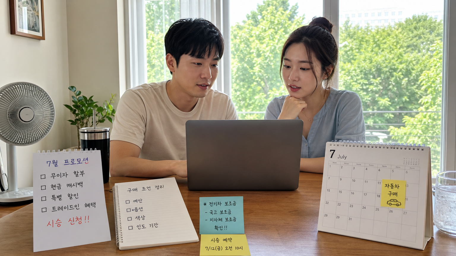 여름 시즌 중 집에서 노트북으로 차량 구매 옵션과 프로모션을 검토하는 커플
