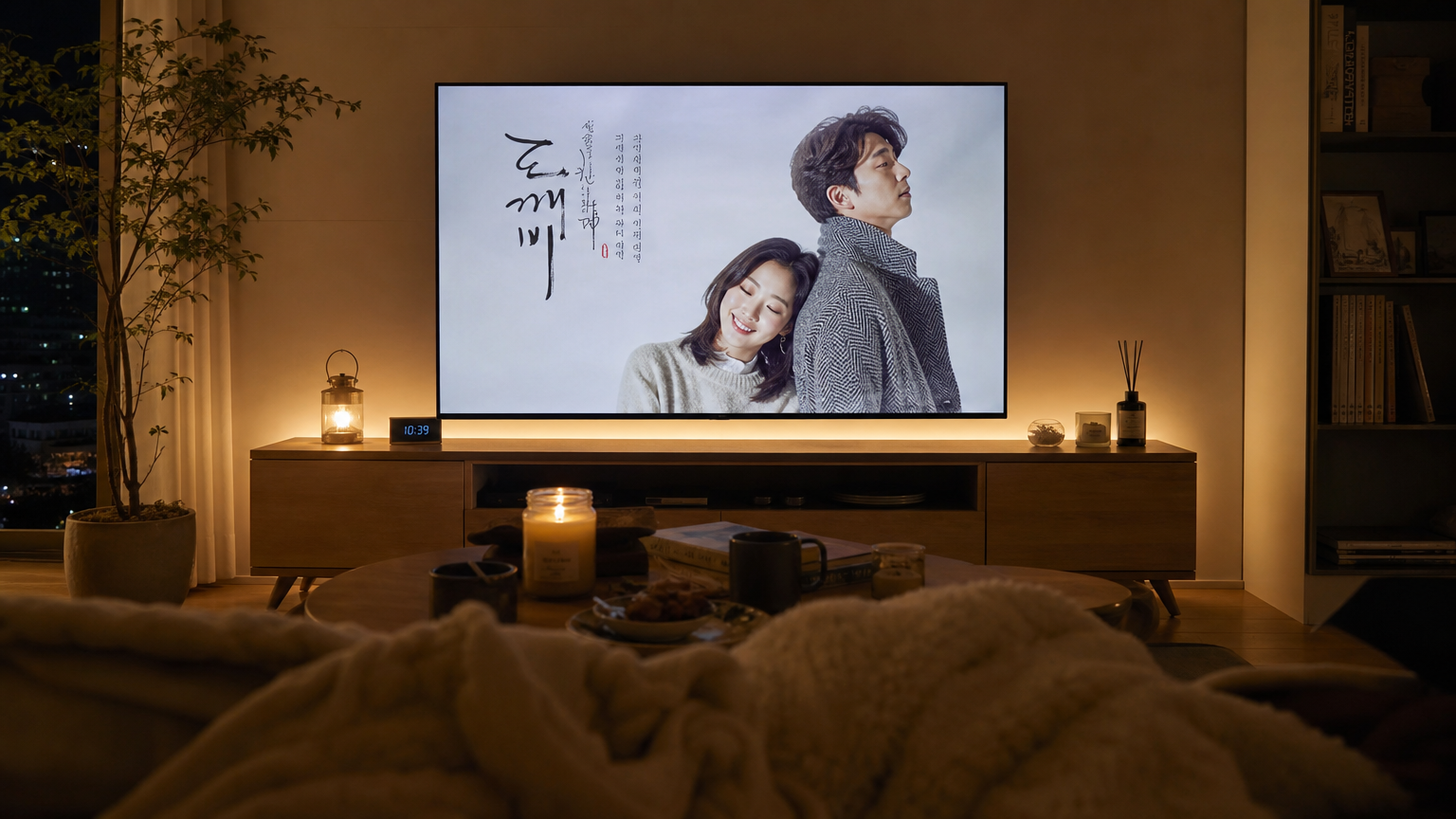 현대적인 거실에서 '도깨비' 포스터가 나온 TV 화면과 아늑한 겨울 분위기