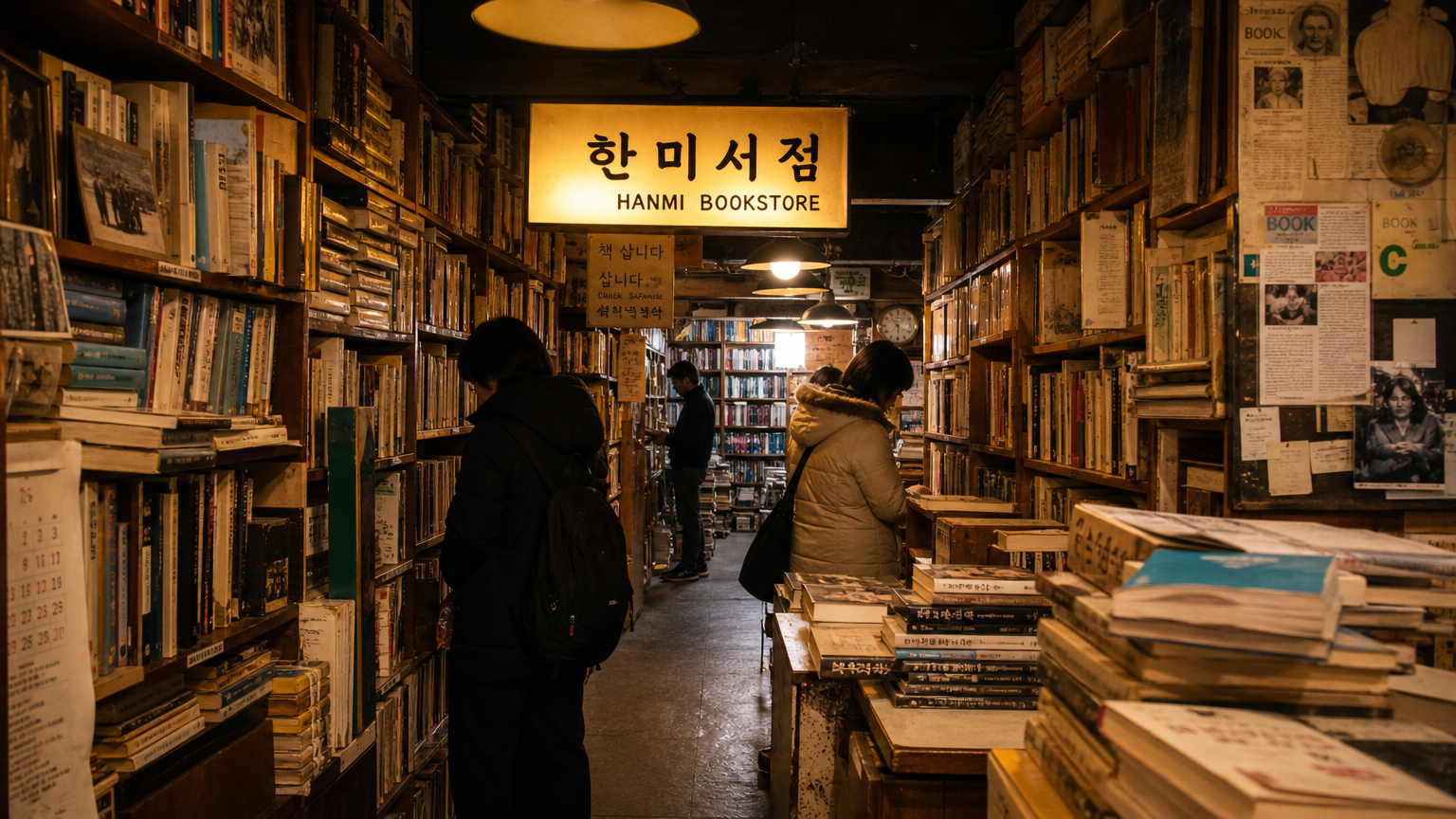 따뜻한 조명의 빈티지 책들로 가득 찬 한미서점 내부 모습