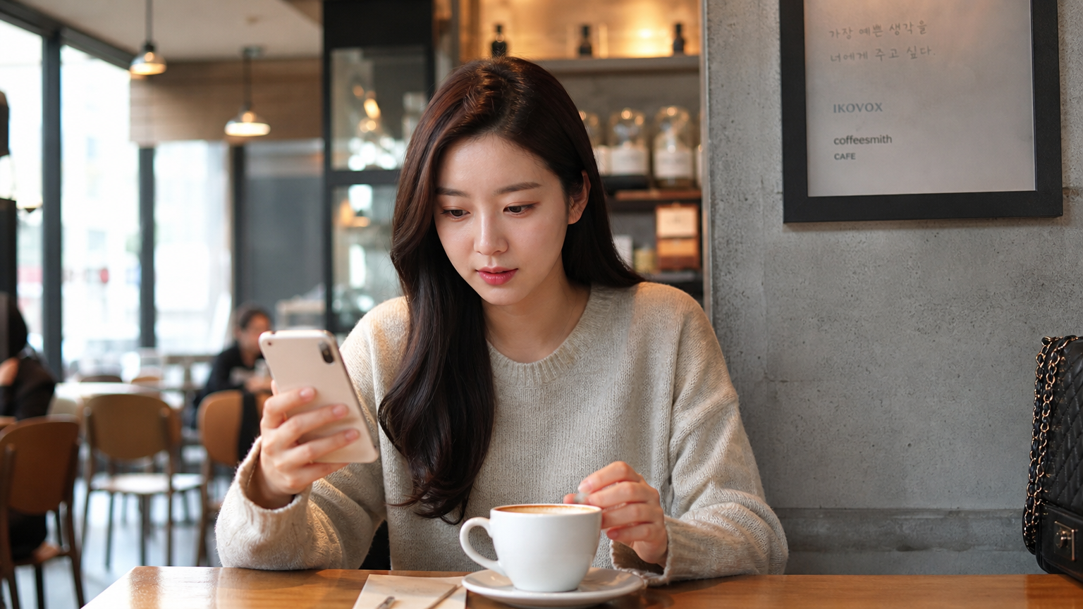 카페에서 스마트폰으로 금융 뉴스를 읽는 젊은 여성의 모습
