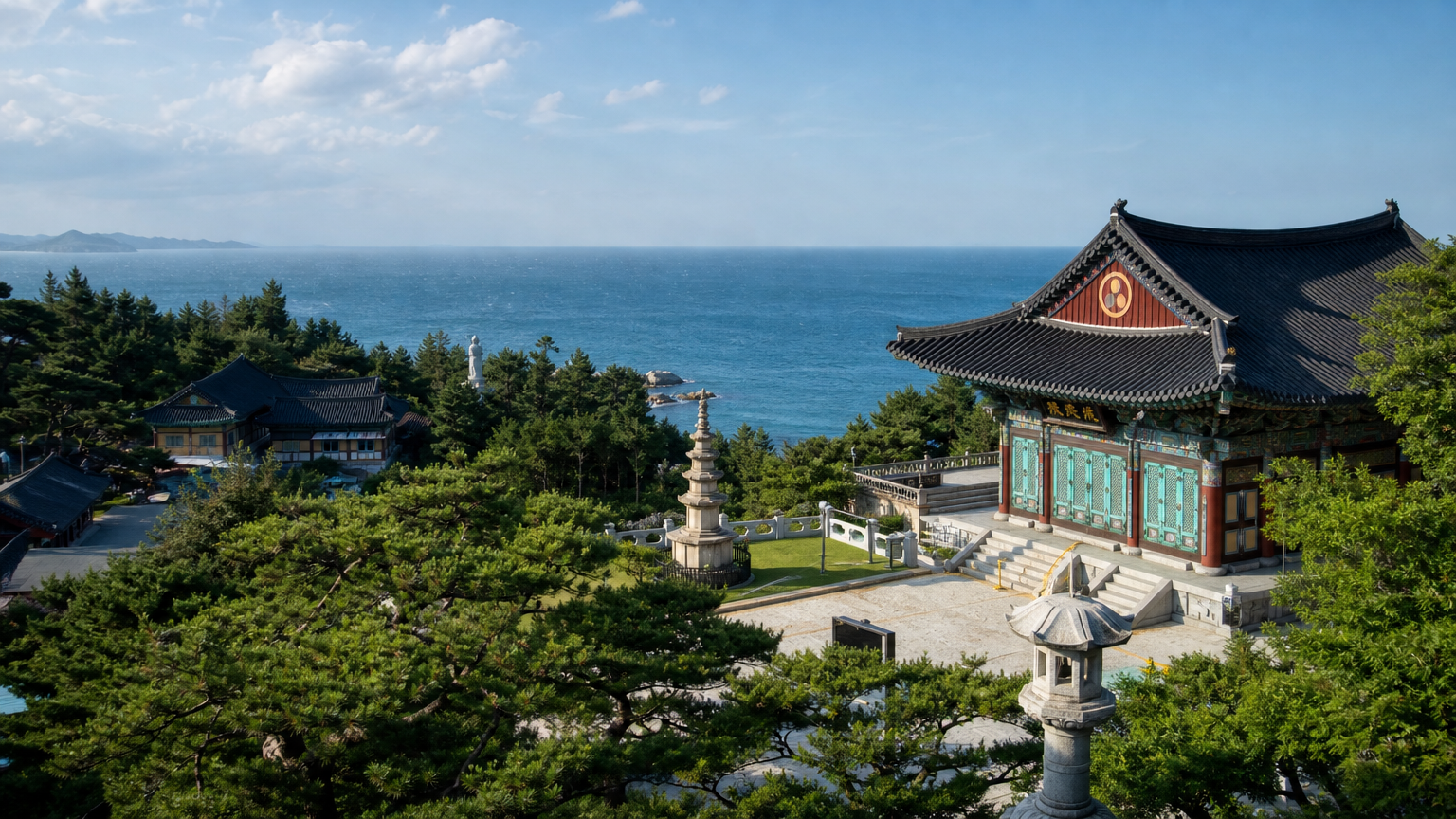 동해와 어우러진 현대적인 시설로 변모한 낙산사 전경