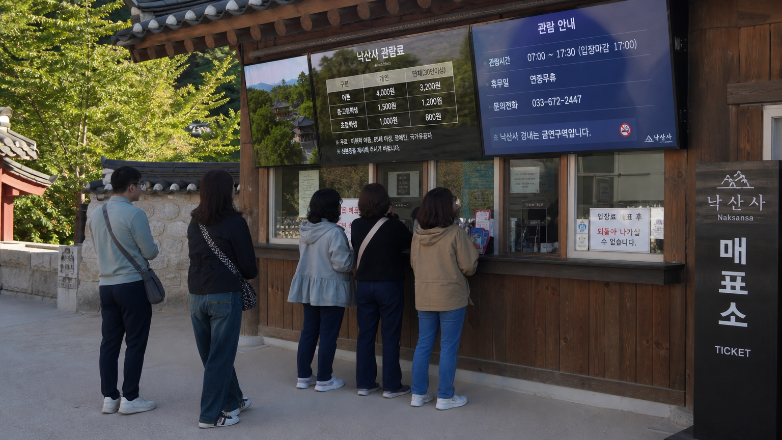 디지털 스크린에 표시된 새로운 입장 요금을 확인하는 관광객들