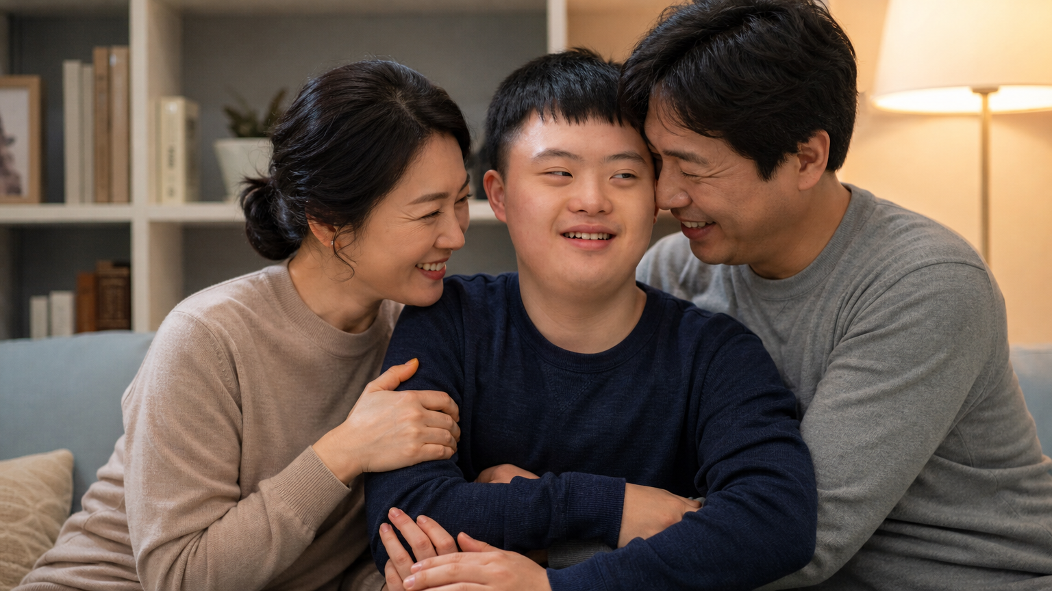 새 가족이 거실에서 발달장애 아들을 포옹하며 사랑을 나누는 장면